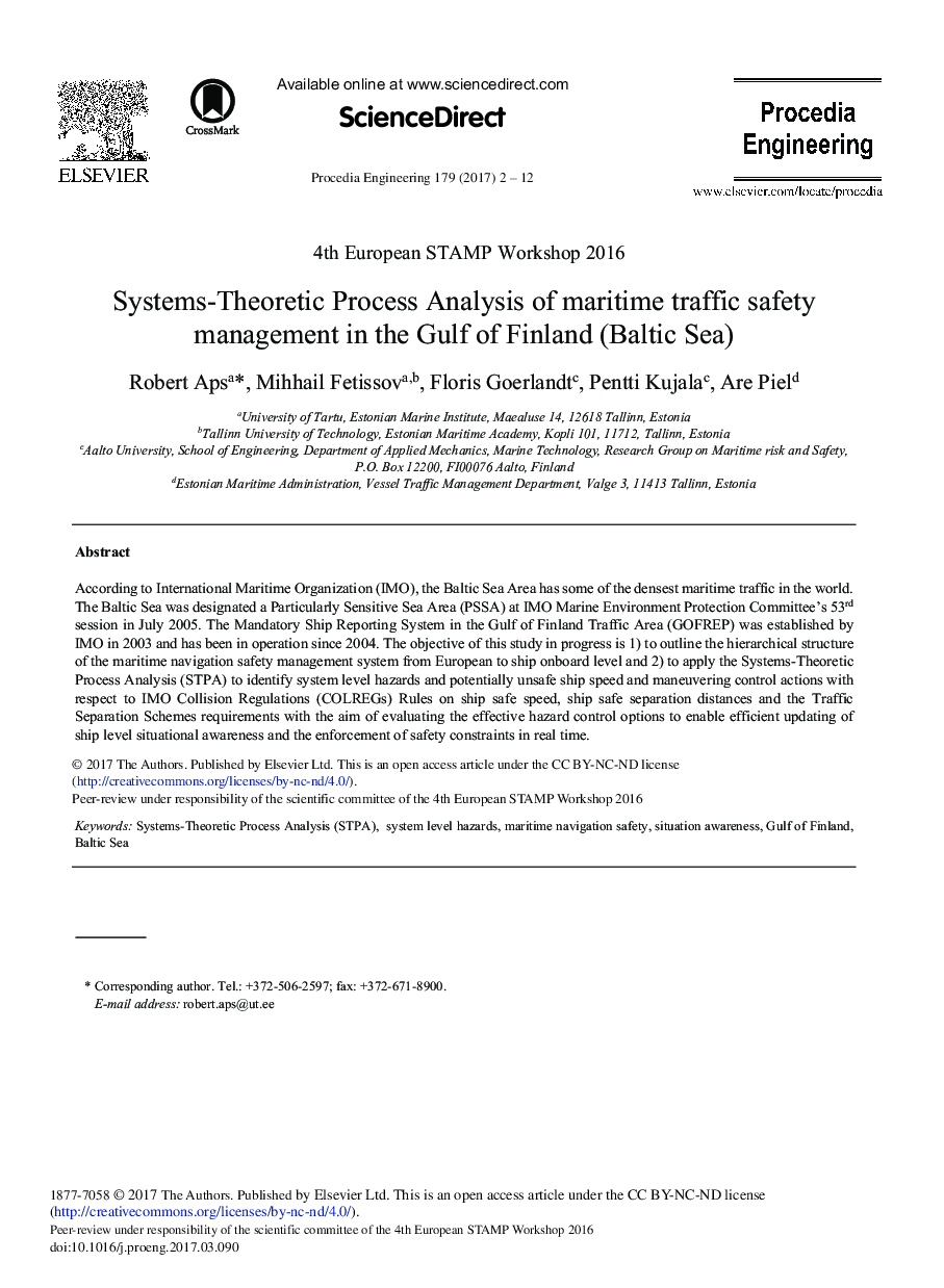 Systems-Theoretic Process Analysis of Maritime Traffic Safety Management in the Gulf of Finland (Baltic Sea)