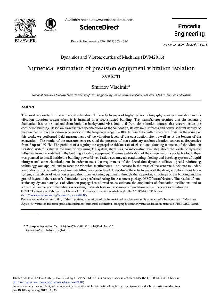 Numerical Estimation of Precision Equipment Vibration Isolation System