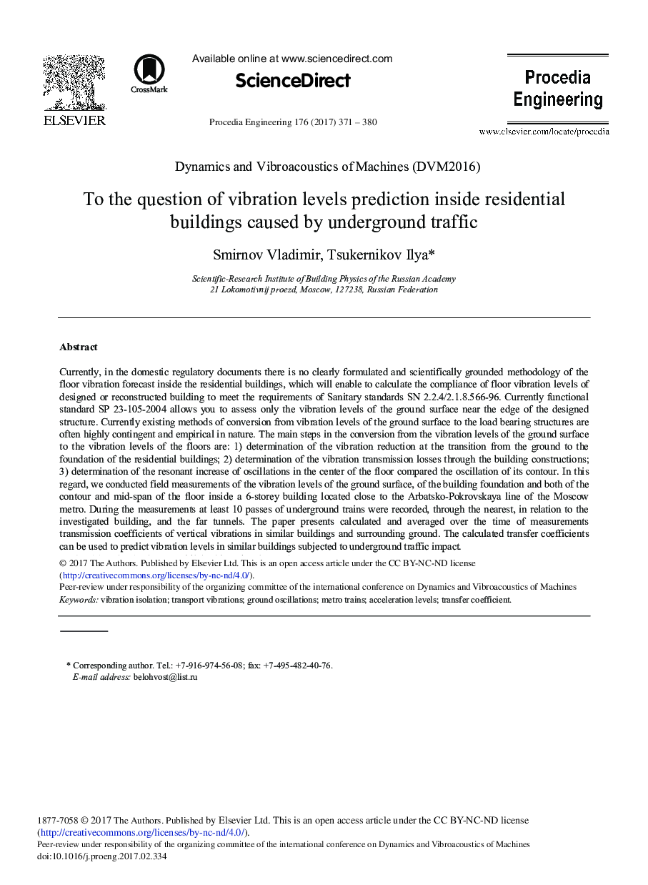 To the Question of Vibration Levels Prediction Inside Residential Buildings Caused by Underground Traffic