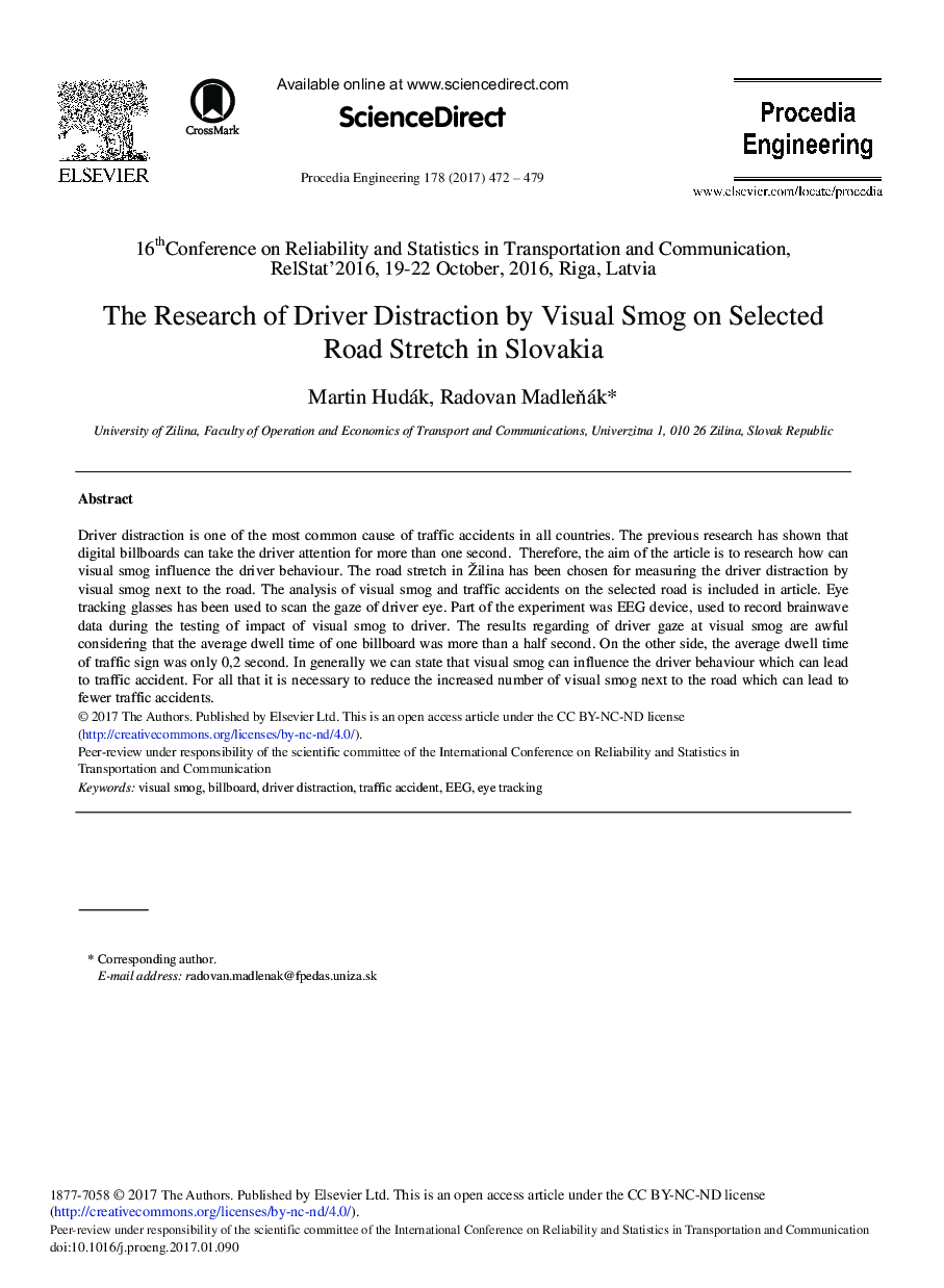 The Research of Driver Distraction by Visual Smog on Selected Road Stretch in Slovakia