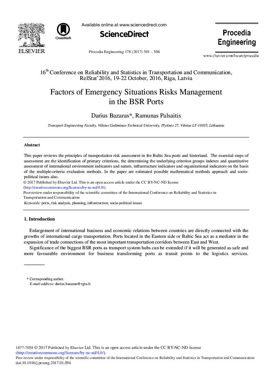 Factors of Emergency Situations Risks Management in the BSR Ports