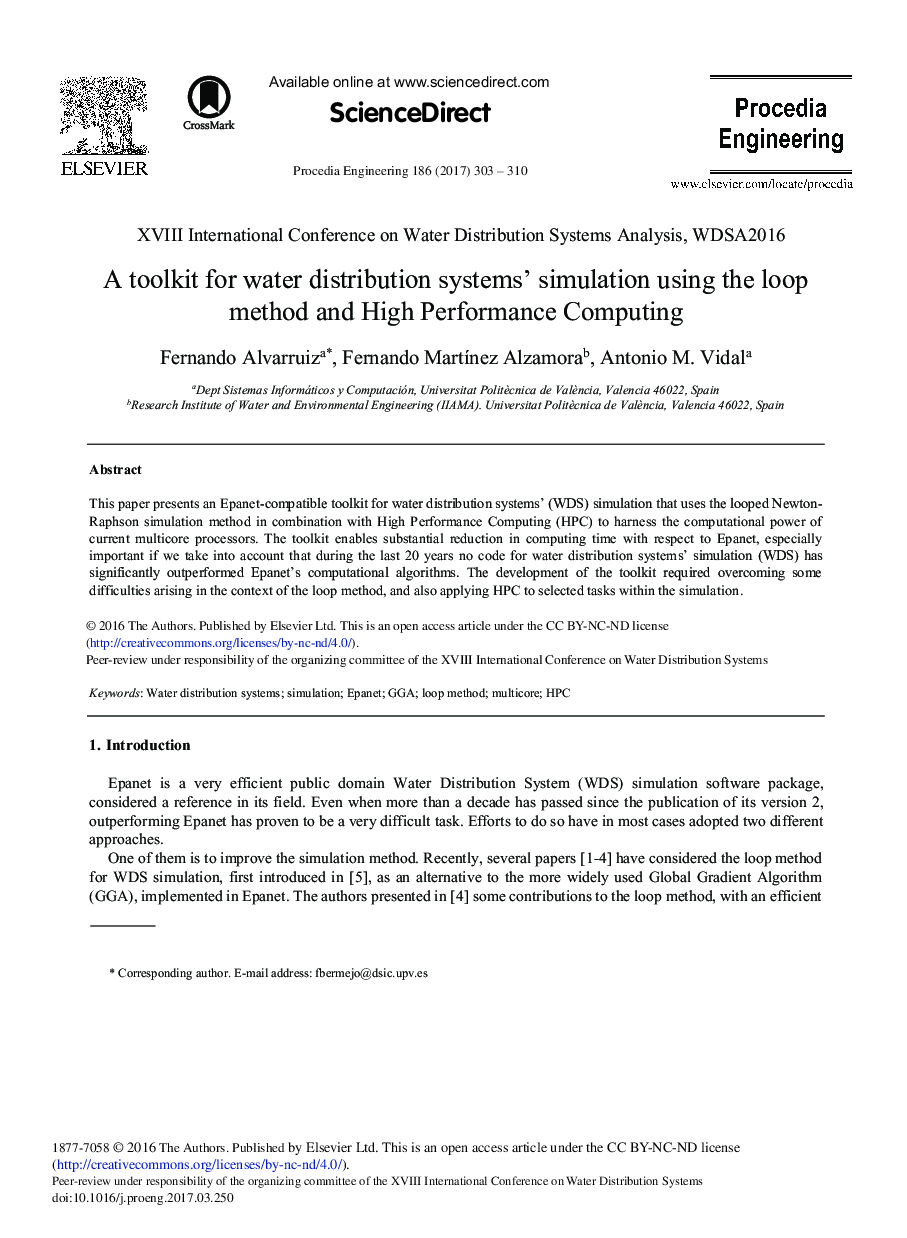 A Toolkit for Water Distribution Systems' Simulation Using the Loop Method and High Performance Computing