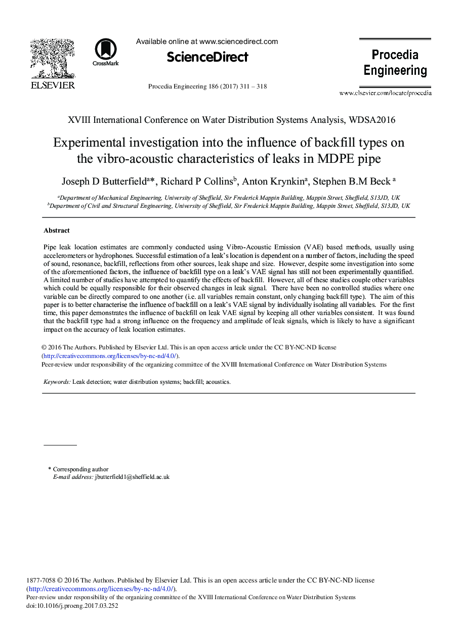 Experimental Investigation into the Influence of Backfill Types on the Vibro-acoustic Characteristics of Leaks in MDPE Pipe