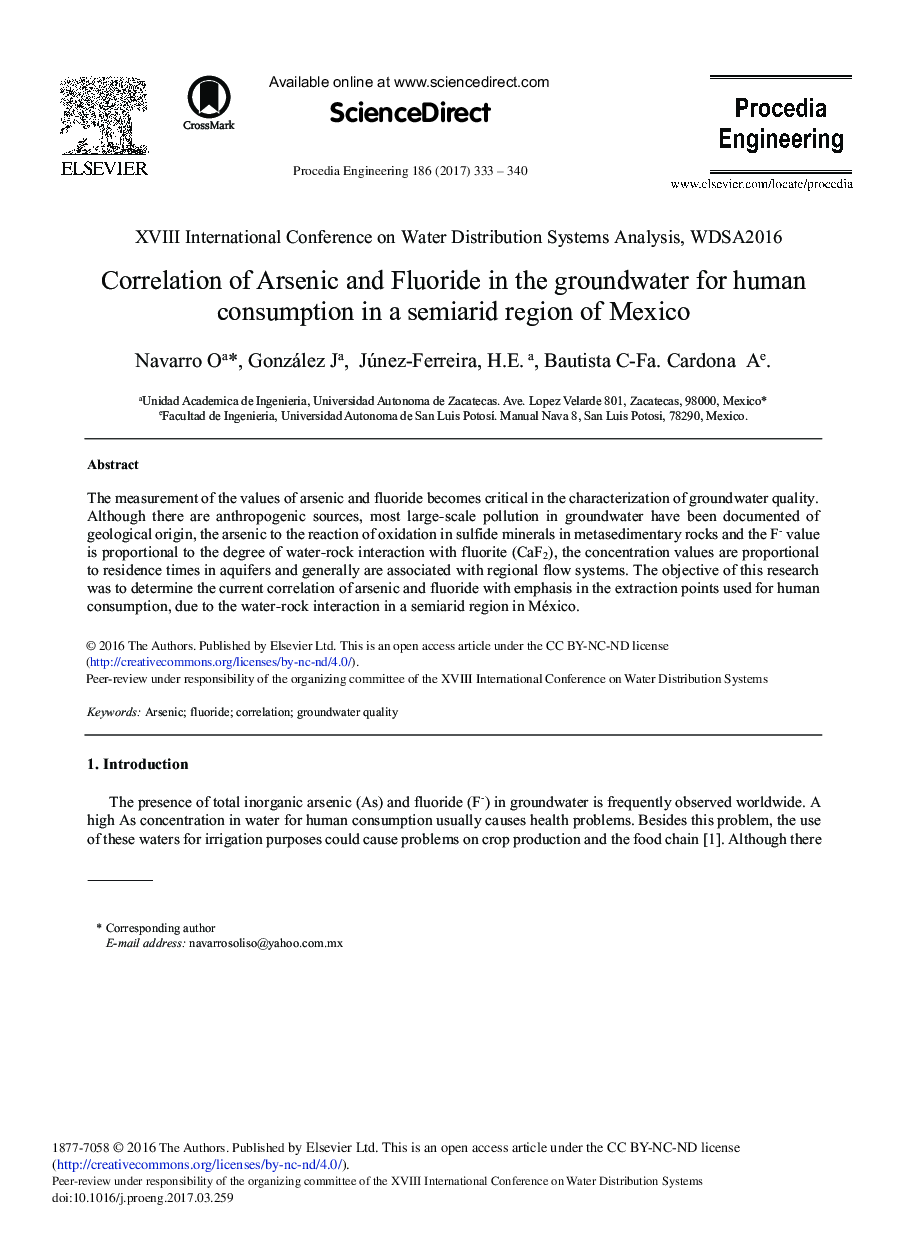 Correlation of Arsenic and Fluoride in the Groundwater for Human Consumption in a Semiarid Region of Mexico