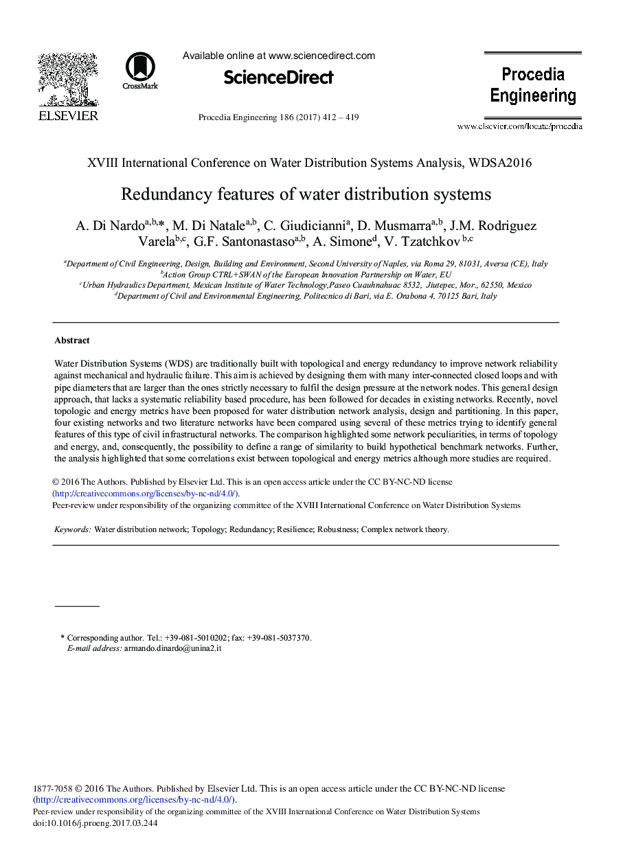 Redundancy Features of Water Distribution Systems