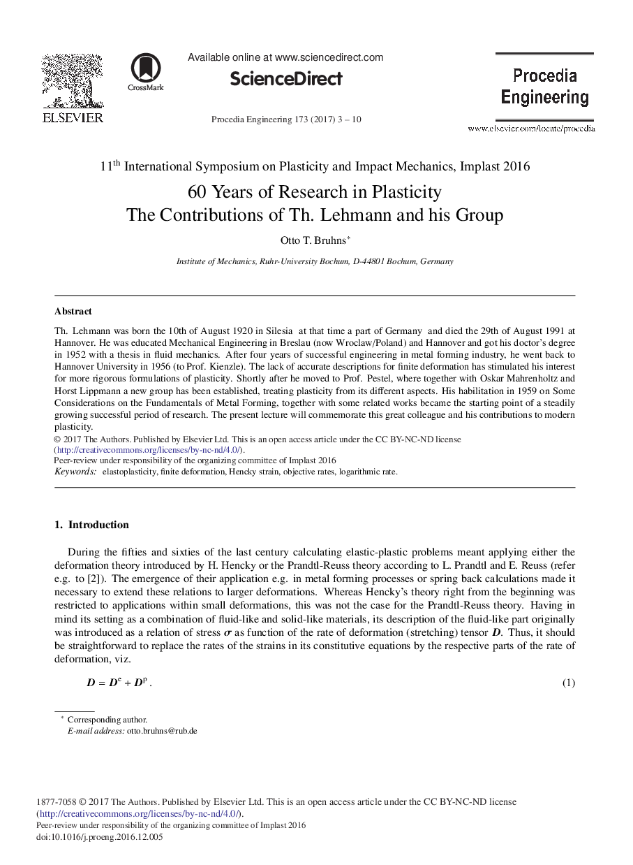 60 Years of Research in Plasticity The Contributions of Th. Lehmann and his Group