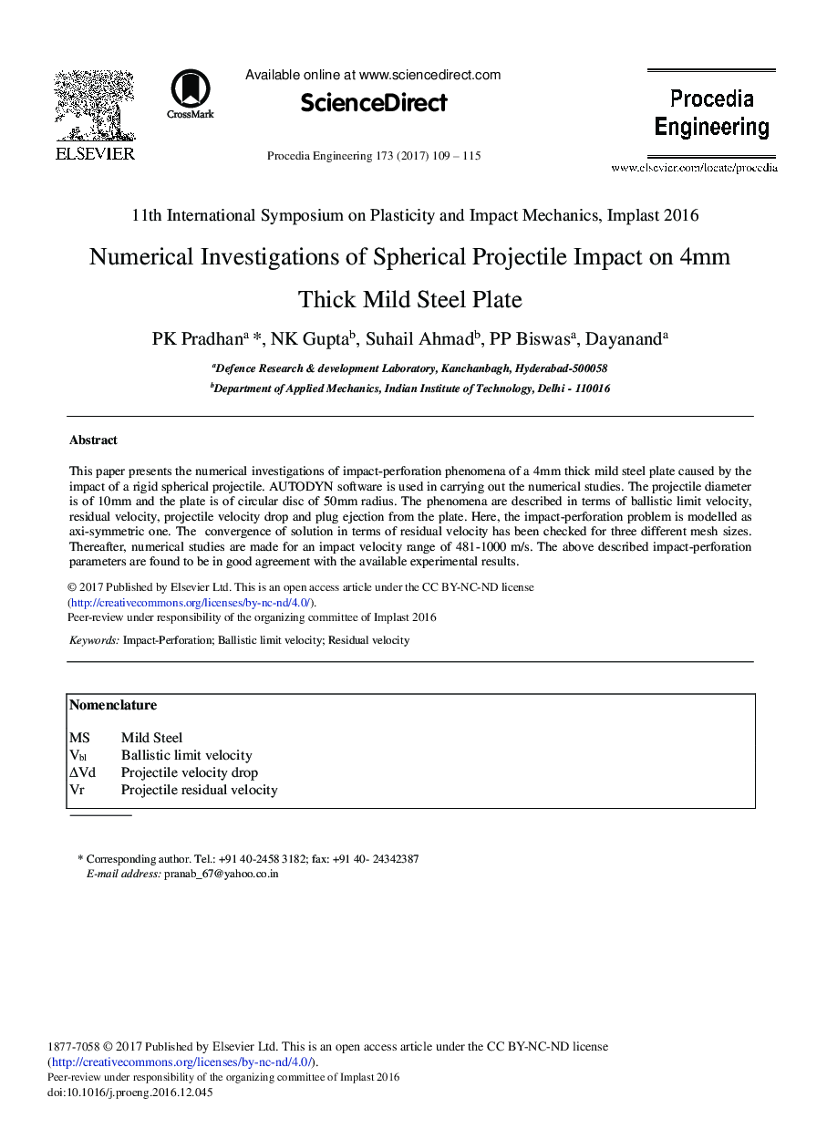 Numerical Investigations of Spherical Projectile Impact on 4 mm Thick Mild Steel Plate