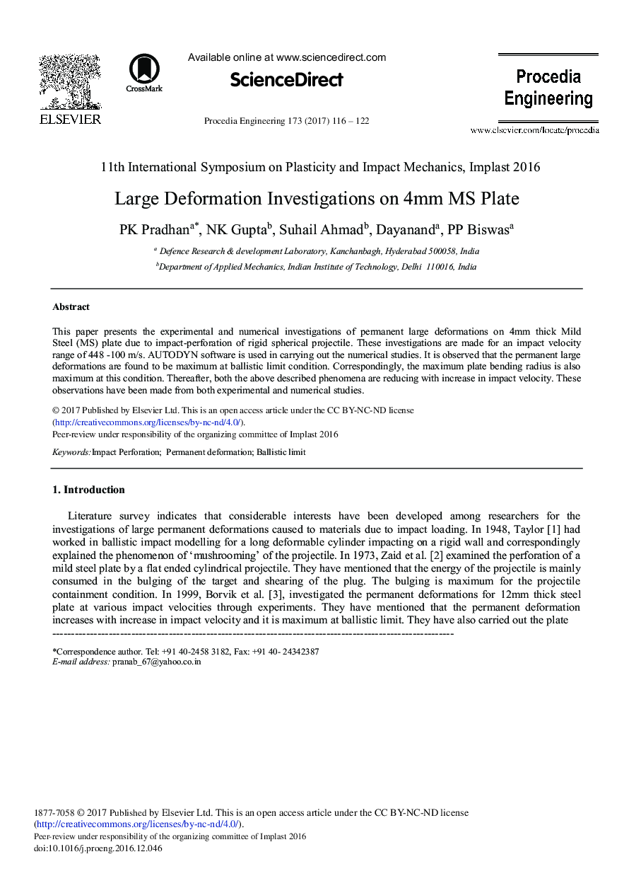 Large Deformation Investigations on 4Â mm MS Plate