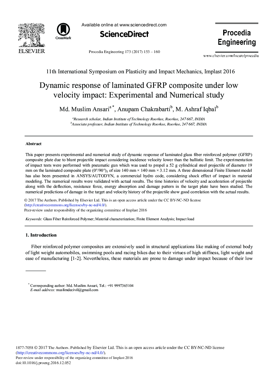 Dynamic Response of Laminated GFRP Composite under Low Velocity Impact: Experimental and Numerical Study