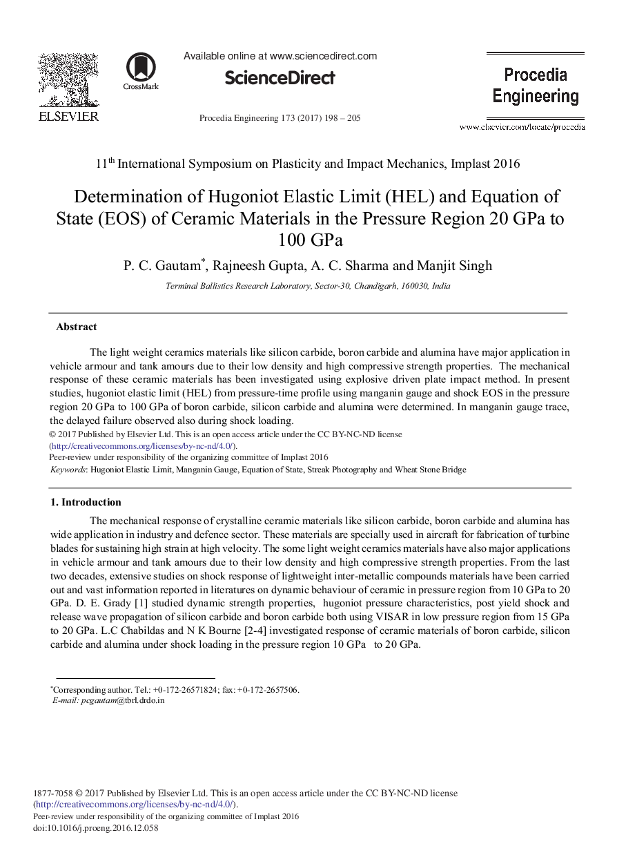 Determination of Hugoniot Elastic Limit (HEL) and Equation of State (EOS) of Ceramic Materials in the Pressure Region 20 GPa to 100 GPa