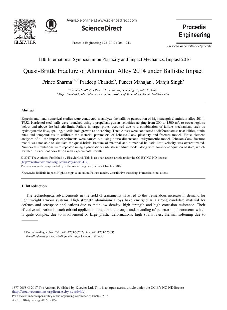 Quasi-Brittle Fracture of Aluminium Alloy 2014 under Ballistic Impact