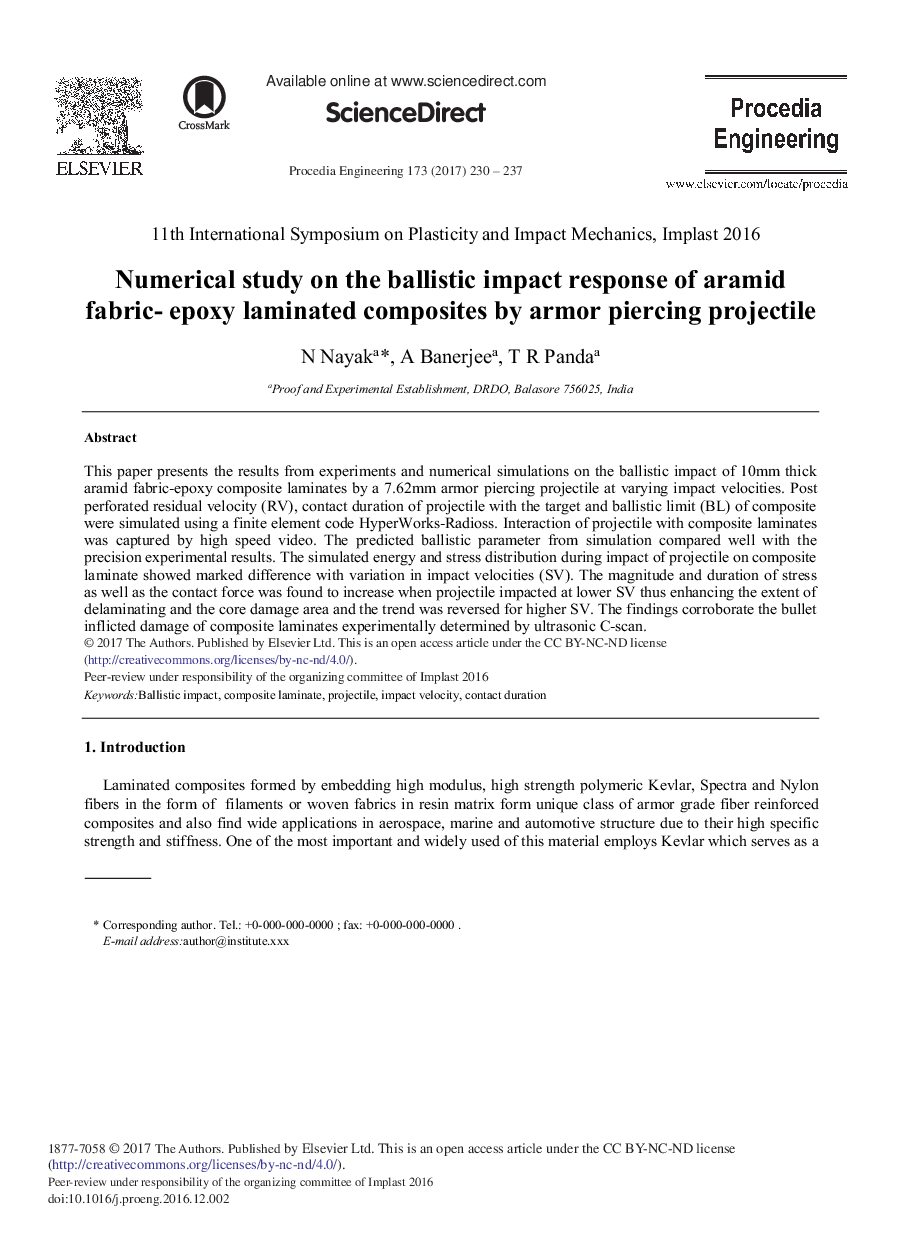 Numerical Study on the Ballistic Impact Response of Aramid Fabric- epoxy Laminated Composites by Armor Piercing Projectile