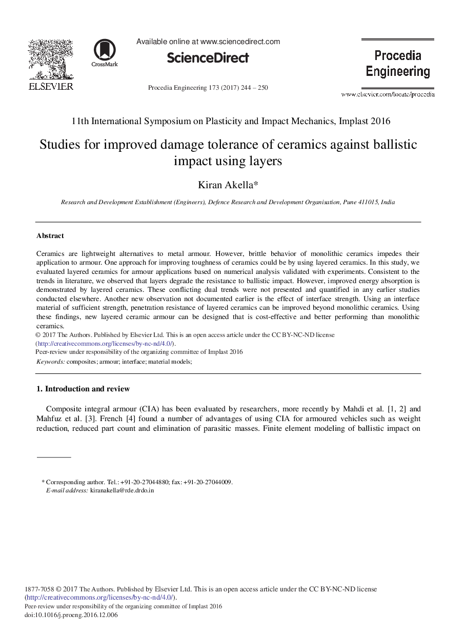 Studies for Improved Damage Tolerance of Ceramics Against Ballistic Impact Using Layers