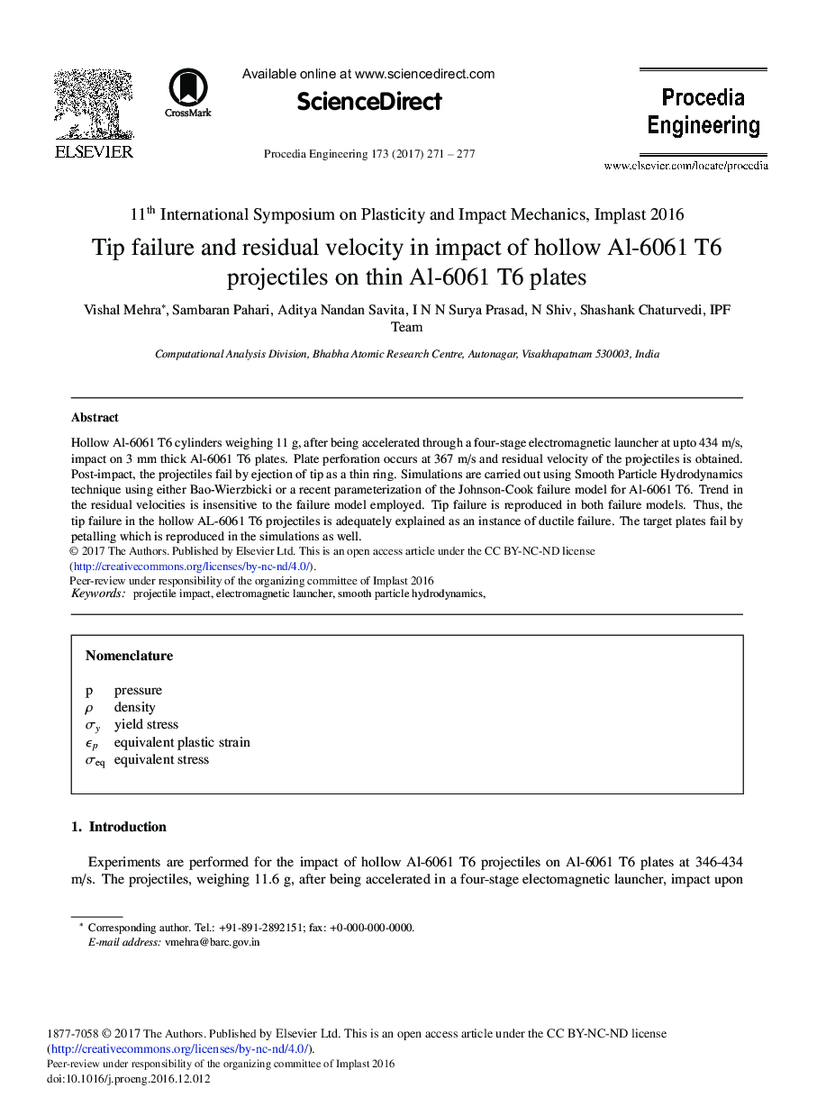 Tip Failure and Residual Velocity in Impact of Hollow Al-6061 T6 Projectiles on Thin Al-6061 T6 Plates