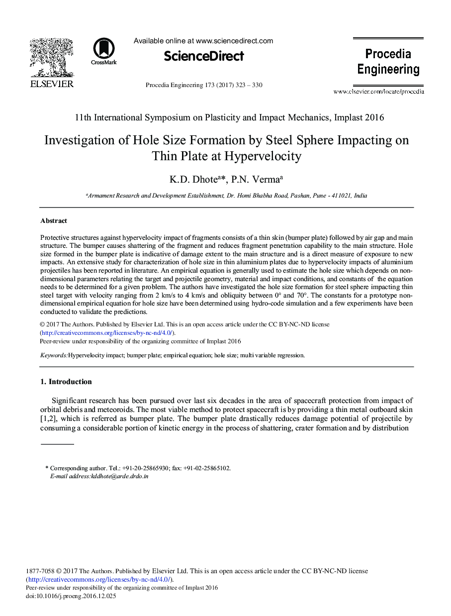 Investigation of Hole Size Formation by Steel Sphere Impacting on Thin Plate at Hypervelocity