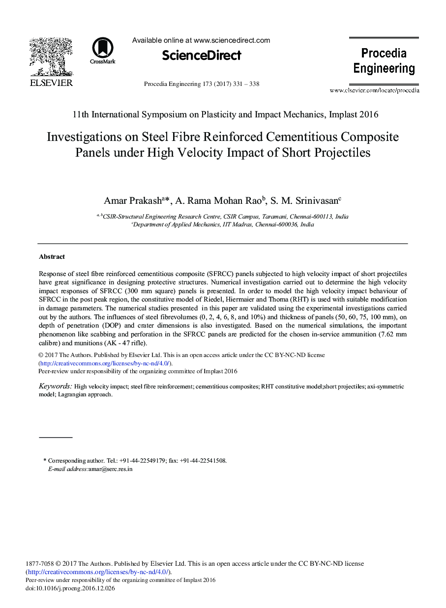 Investigations on Steel Fibre Reinforced Cementitious Composite Panels under High Velocity Impact of Short Projectiles