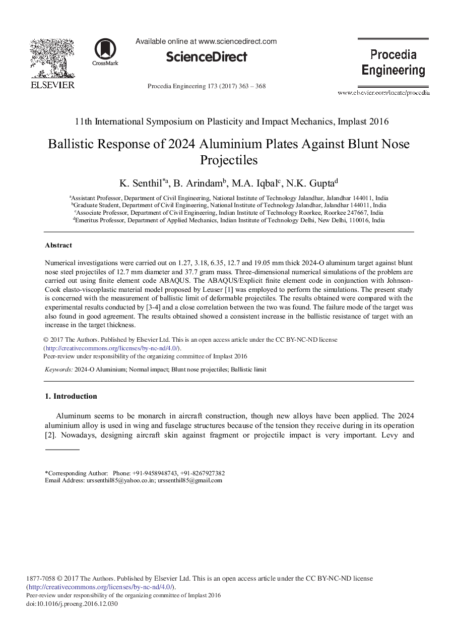 Ballistic Response of 2024 Aluminium Plates Against Blunt Nose Projectiles