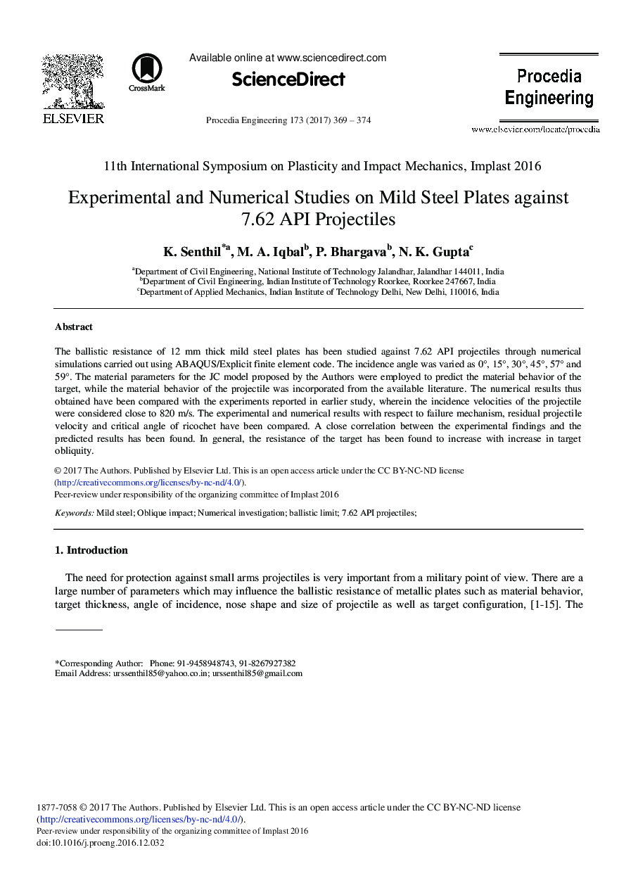 Experimental and Numerical Studies on Mild Steel Plates against 7.62 API Projectiles