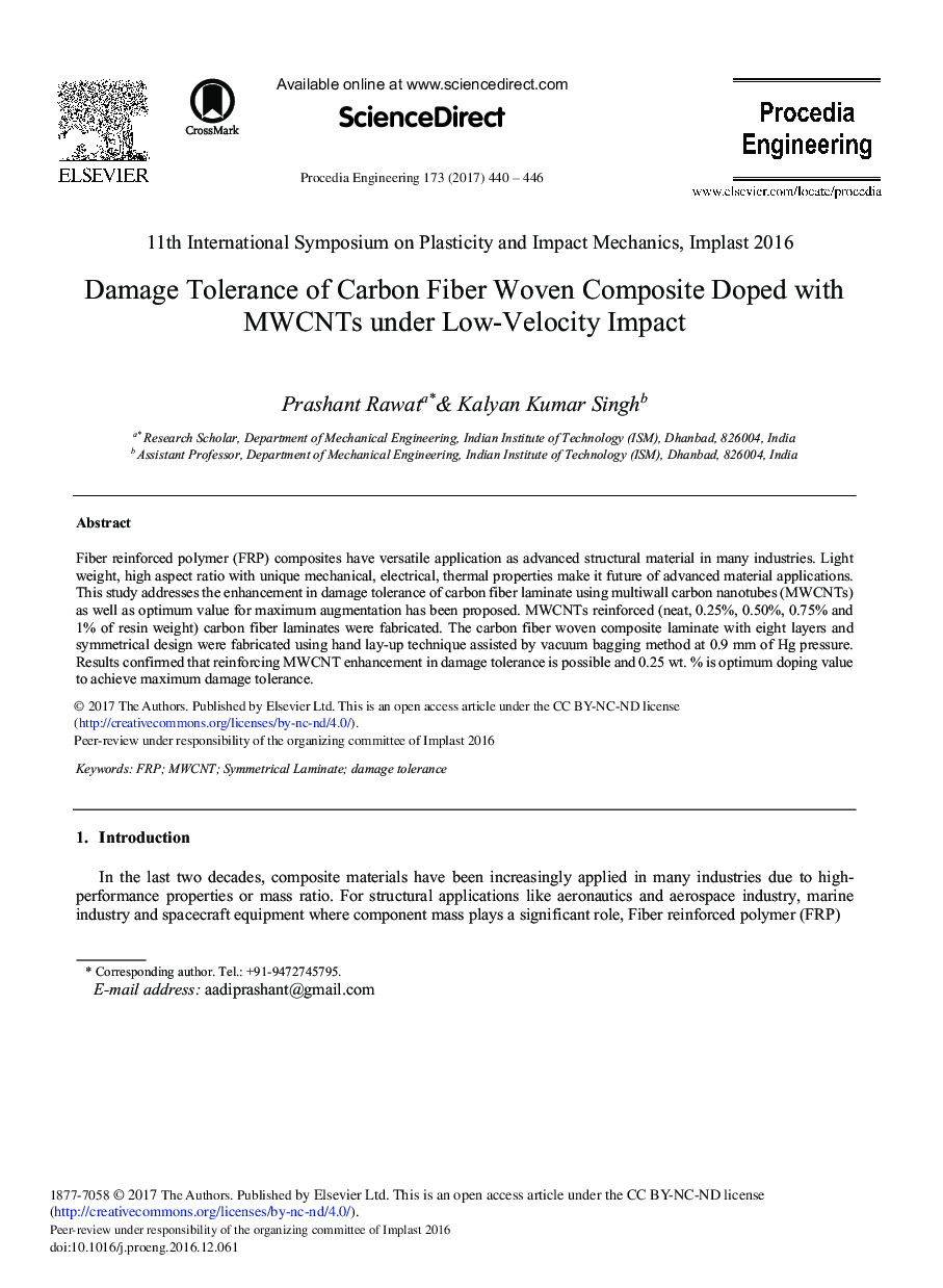 Damage Tolerance of Carbon Fiber Woven Composite Doped with MWCNTs under Low-velocity Impact