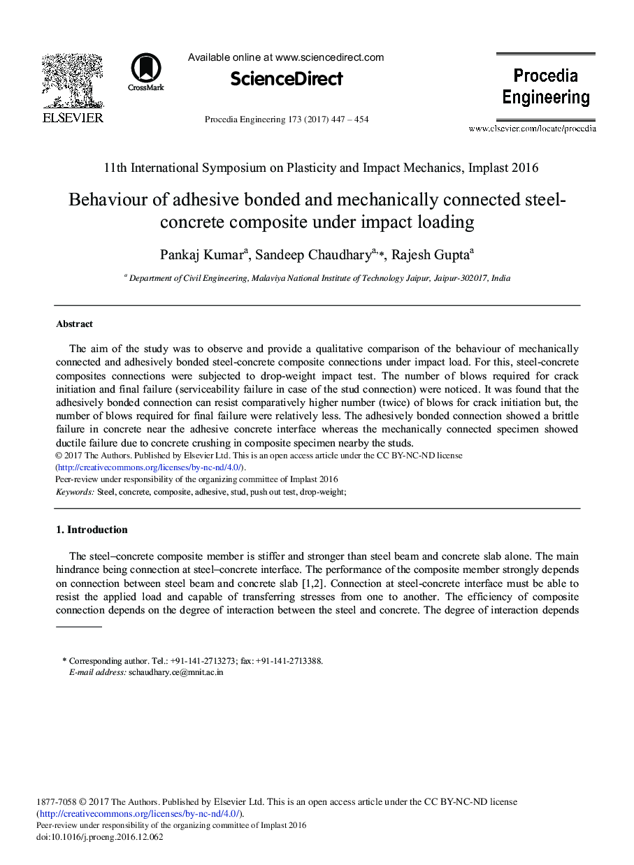 Behaviour of Adhesive Bonded and Mechanically Connected Steel-concrete Composite under Impact Loading