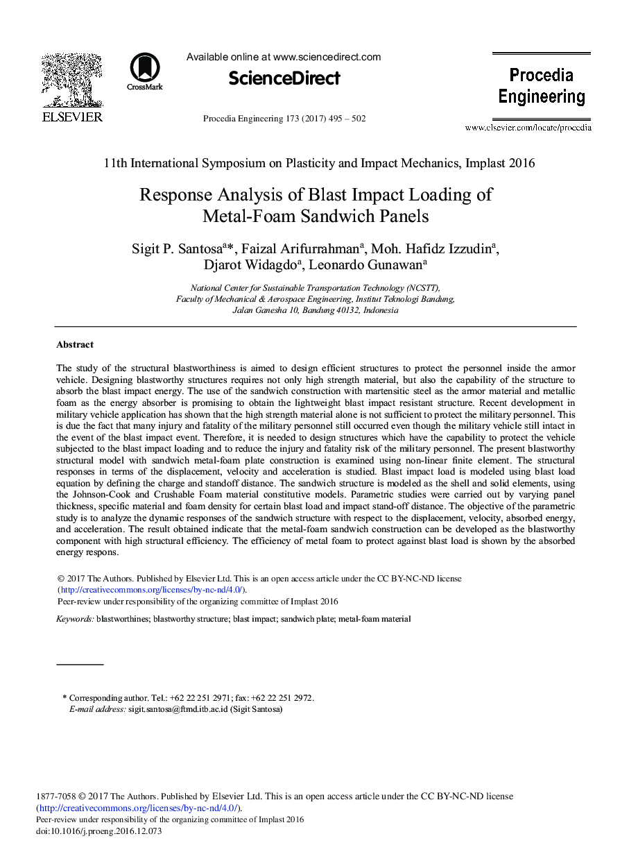 Response Analysis of Blast Impact Loading of Metal-foam Sandwich Panels