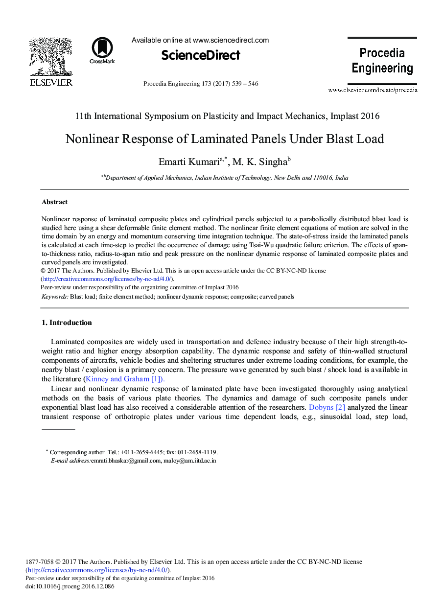 Nonlinear Response of Laminated Panels under Blast Load