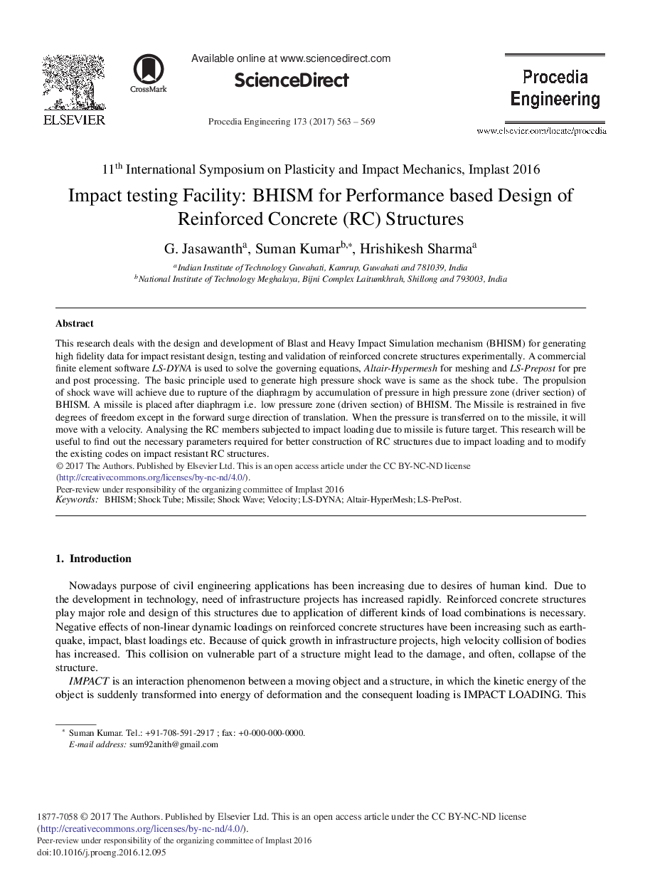 Impact testing Facility: BHISM for Performance Based Design of Reinforced Concrete (RC) Structures