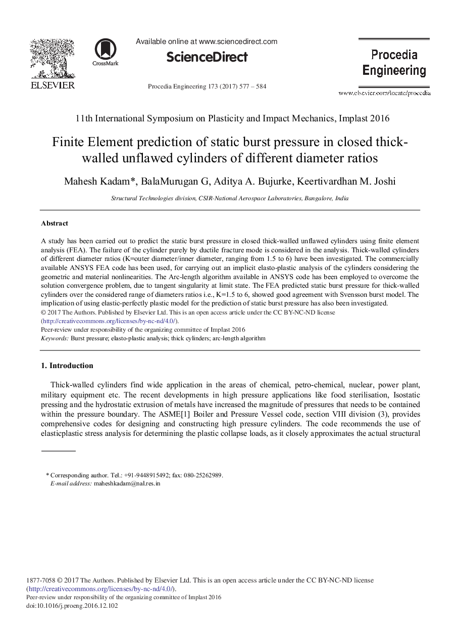 Finite Element Prediction of Static Burst Pressure in Closed Thick- walled Unflawed Cylinders of Different Diameter Ratios