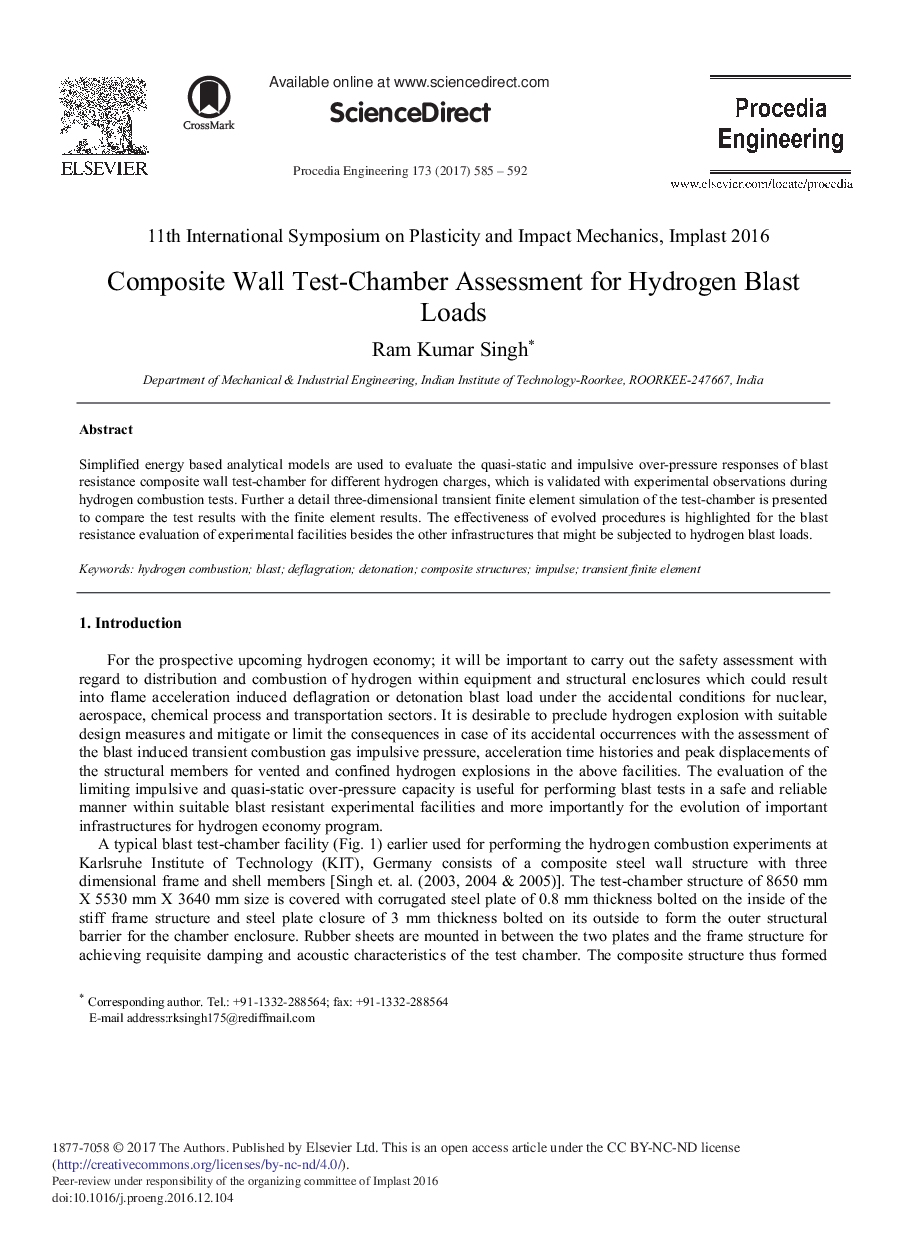 Composite Wall Test-chamber Assessment for Hydrogen Blast Loads