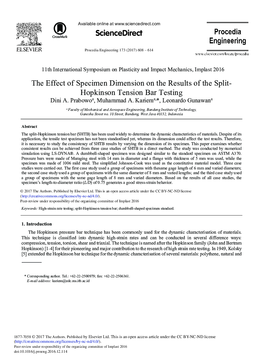 The Effect of Specimen Dimension on the Results of the Split-hopkinson Tension Bar Testing