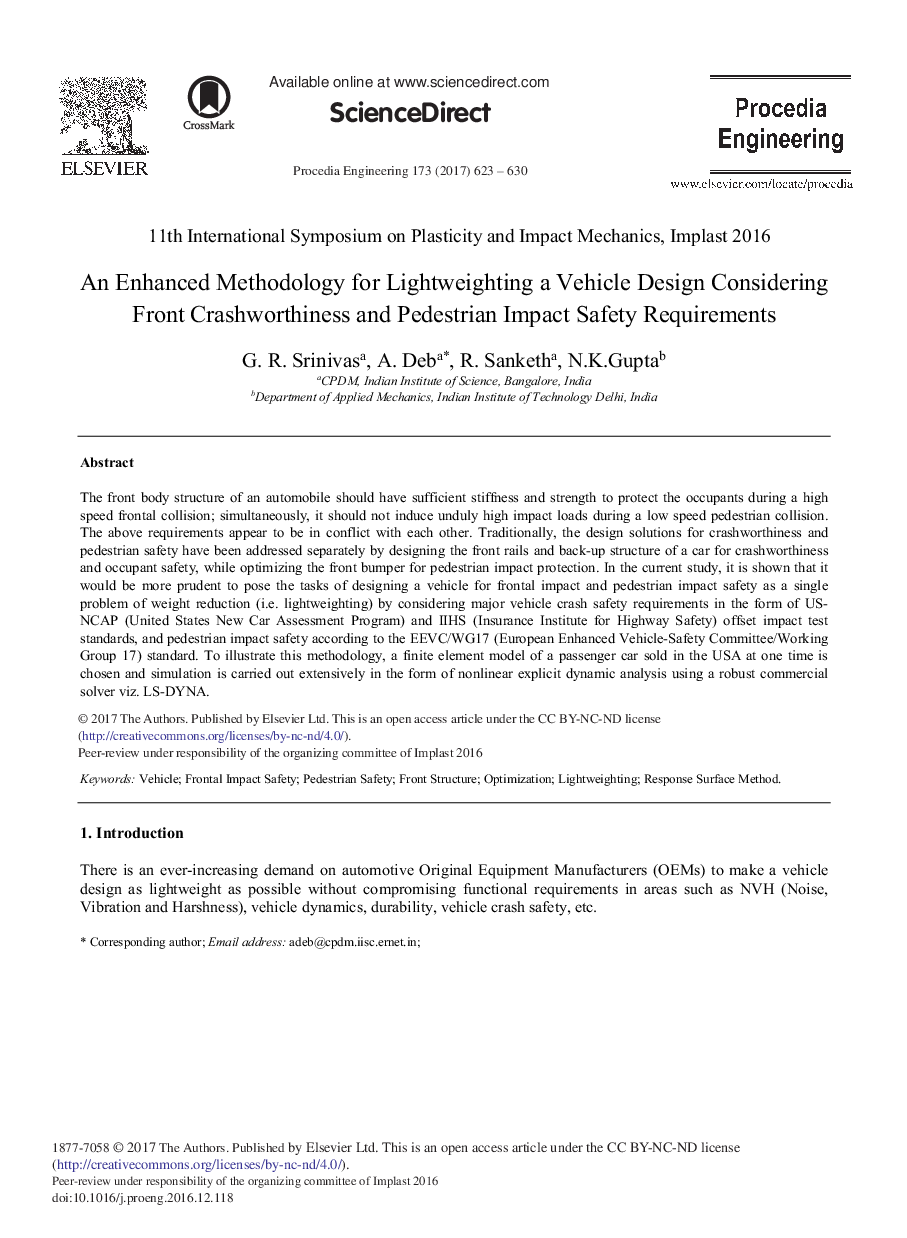 An Enhanced Methodology for Lightweighting a Vehicle Design Considering Front Crashworthiness and Pedestrian Impact Safety Requirements