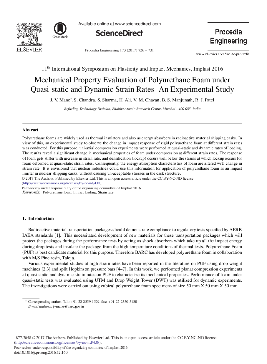 ارزیابی املاک مکانیکی فوم پلی اورتان تحت مقادیر فشارهای شبه استاتیک و پویا - یک مطالعه تجربی 