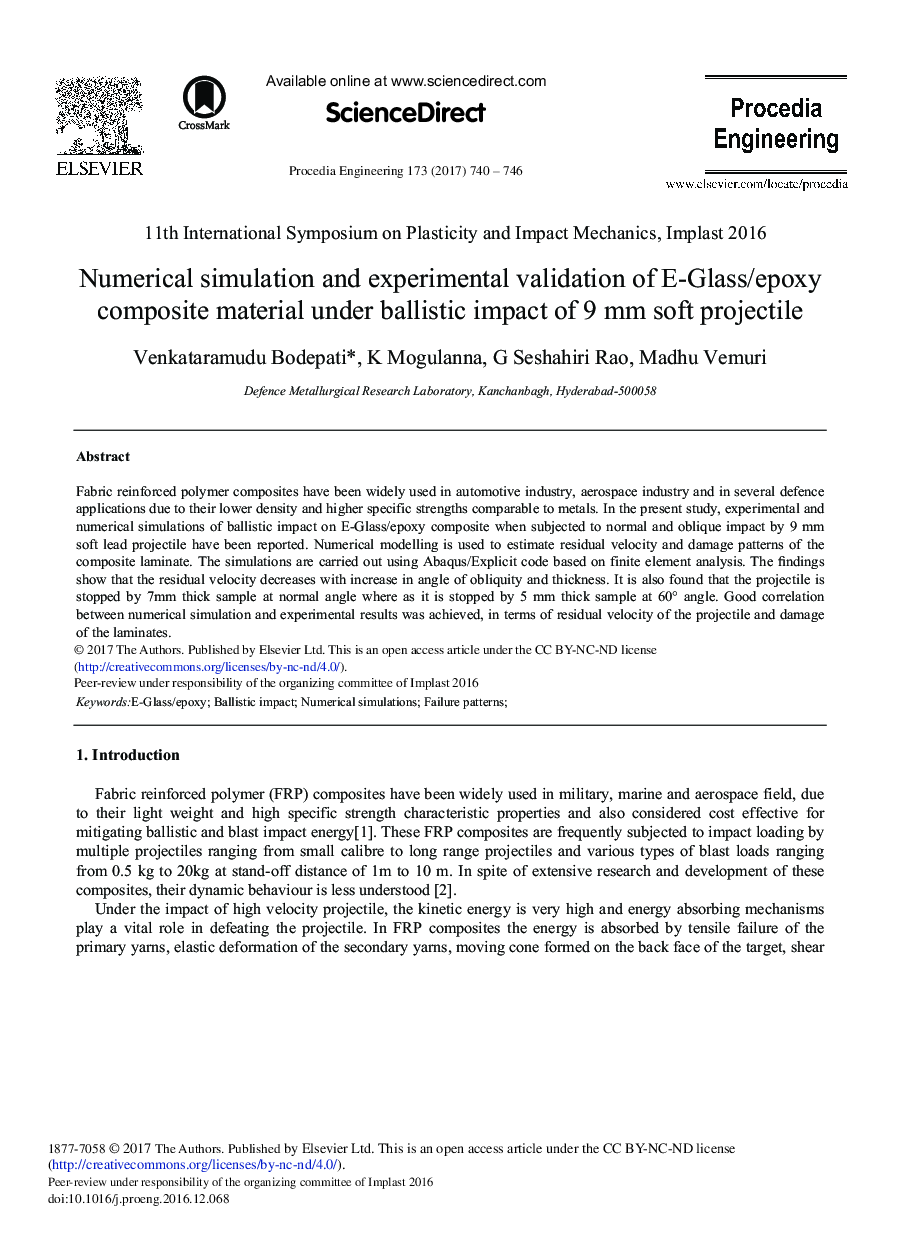 Numerical Simulation and Experimental Validation of E-Glass/epoxy Composite Material under Ballistic Impact of 9 mm Soft Projectile