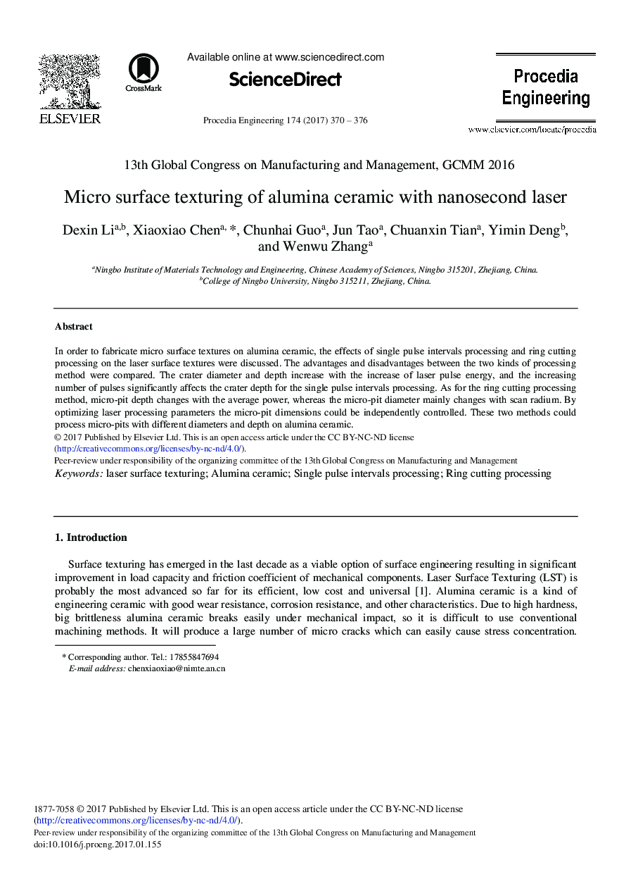 Micro Surface Texturing of Alumina Ceramic with Nanosecond Laser