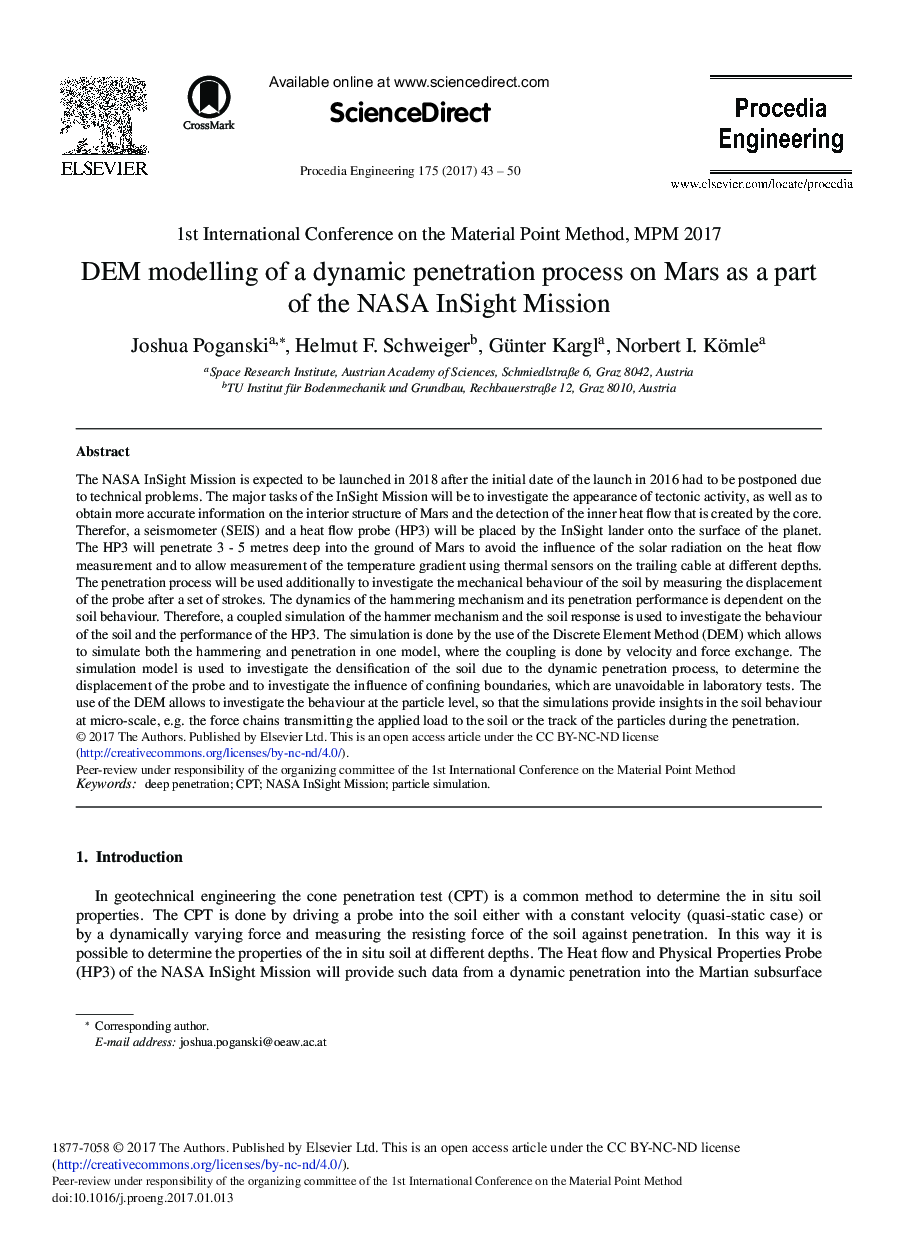 DEM Modelling of a Dynamic Penetration Process on Mars as a Part of the NASA InSight Mission