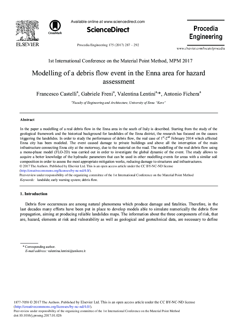 Modelling of a Debris Flow Event in the Enna Area for Hazard Assessment