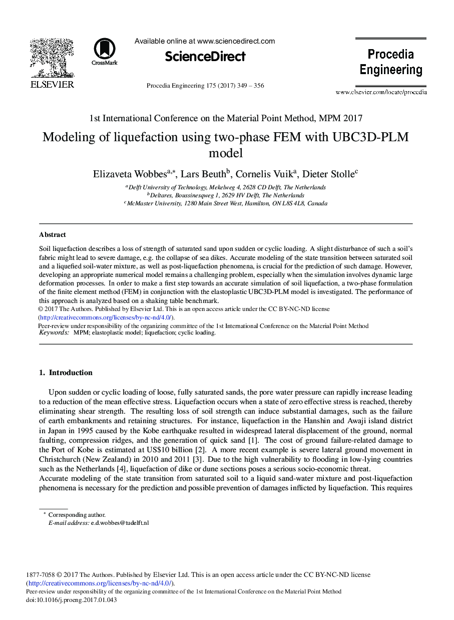 Modeling of Liquefaction using Two-phase FEM with UBC3D-PLM model