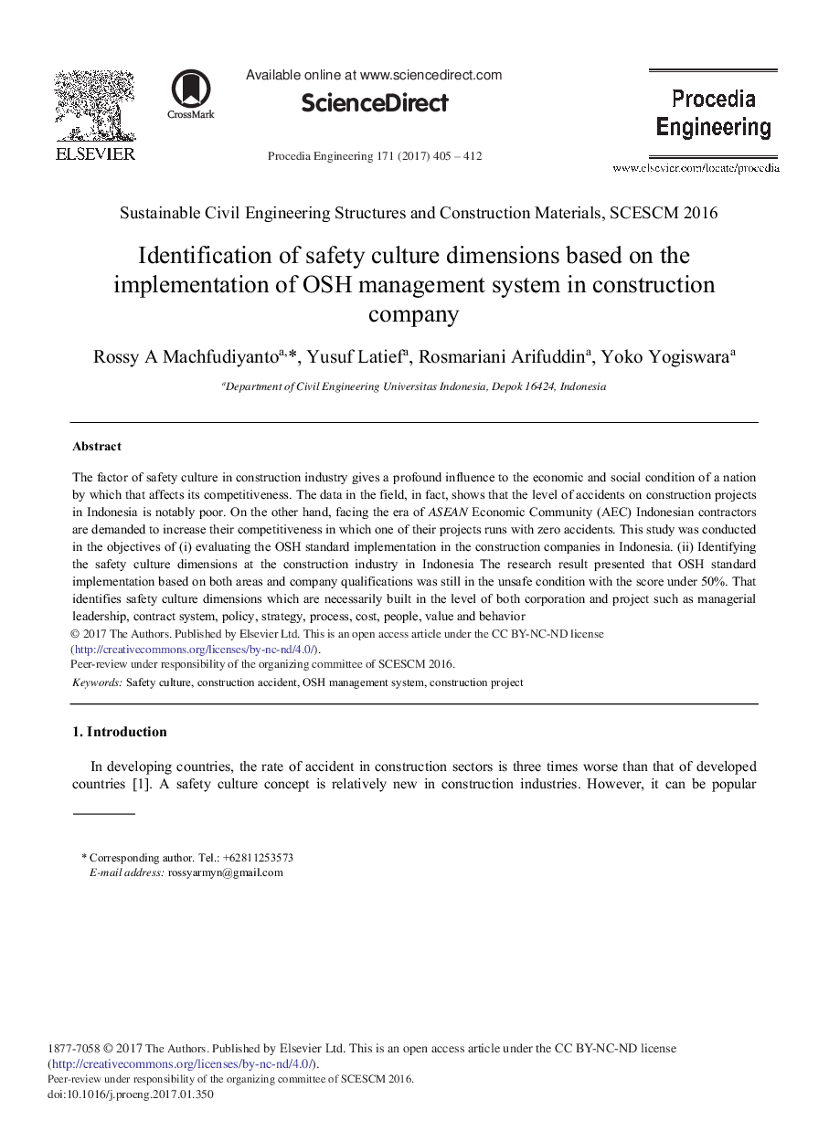 Identification of Safety Culture Dimensions Based on the Implementation of OSH Management System in Construction Company