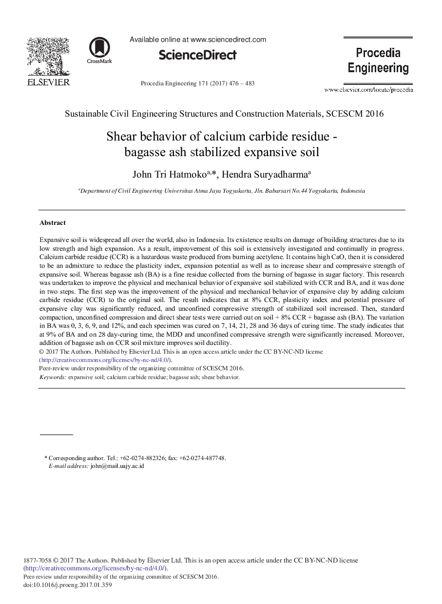 Shear Behavior of Calcium Carbide Residue - Bagasse Ash Stabilized Expansive Soil