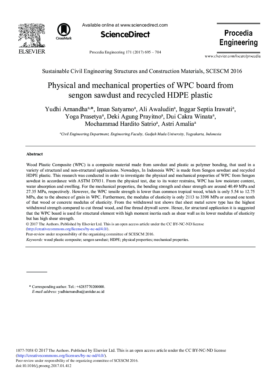 Physical and Mechanical Properties of WPC Board from Sengon Sawdust and Recycled HDPE Plastic