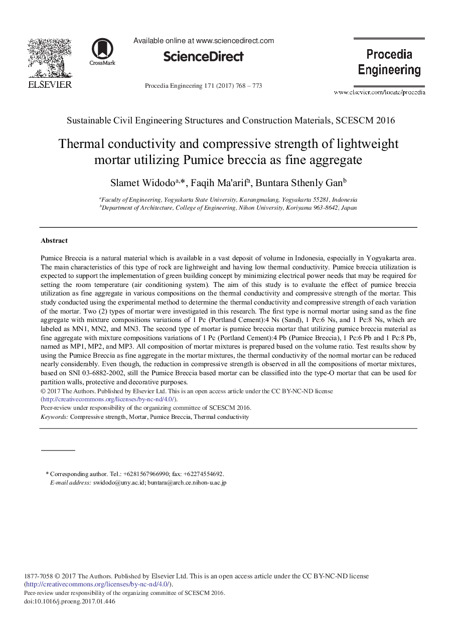 Thermal Conductivity and Compressive Strength of Lightweight Mortar Utilizing Pumice Breccia as Fine Aggregate