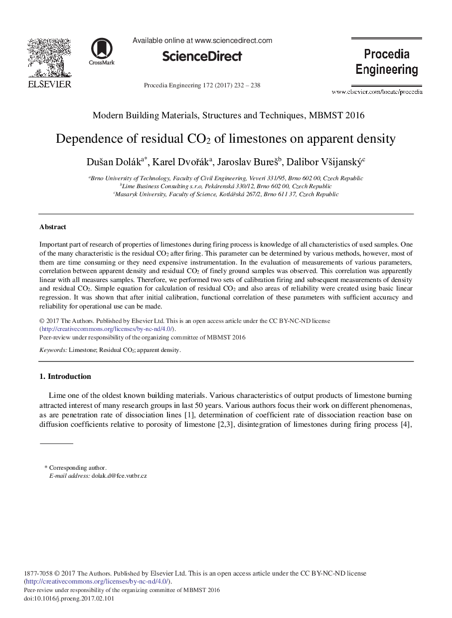 Dependence of Residual CO2 of Limestones on Apparent Density