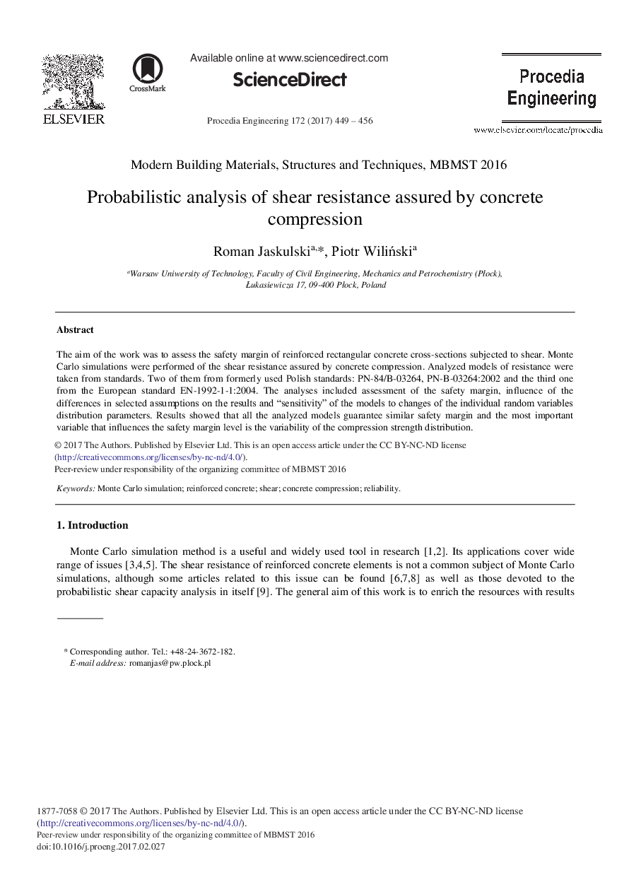 Probabilistic Analysis of Shear Resistance Assured by Concrete Compression