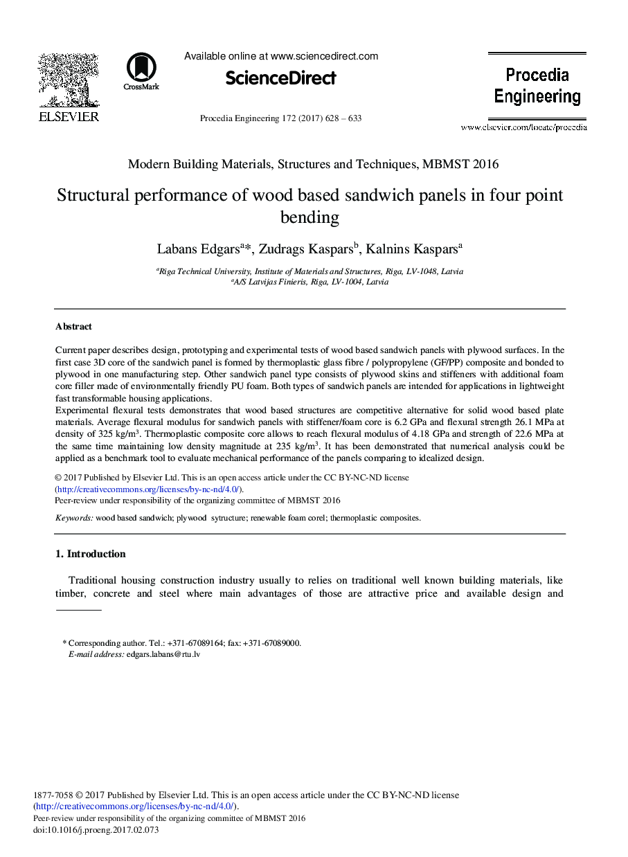 Structural Performance of Wood Based Sandwich Panels in Four Point Bending