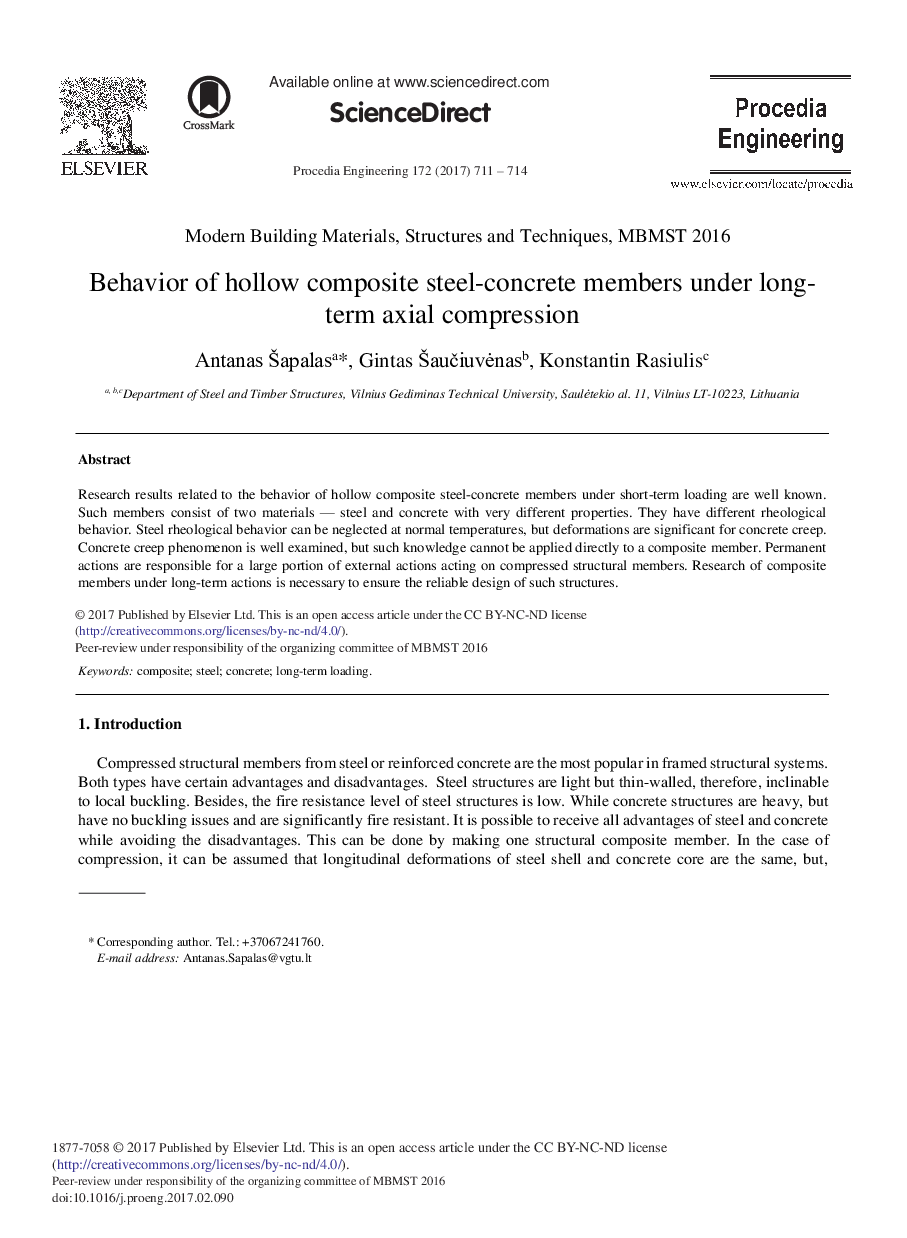 Behavior of Hollow Composite Steel-concrete Members under Long-term Axial Compression