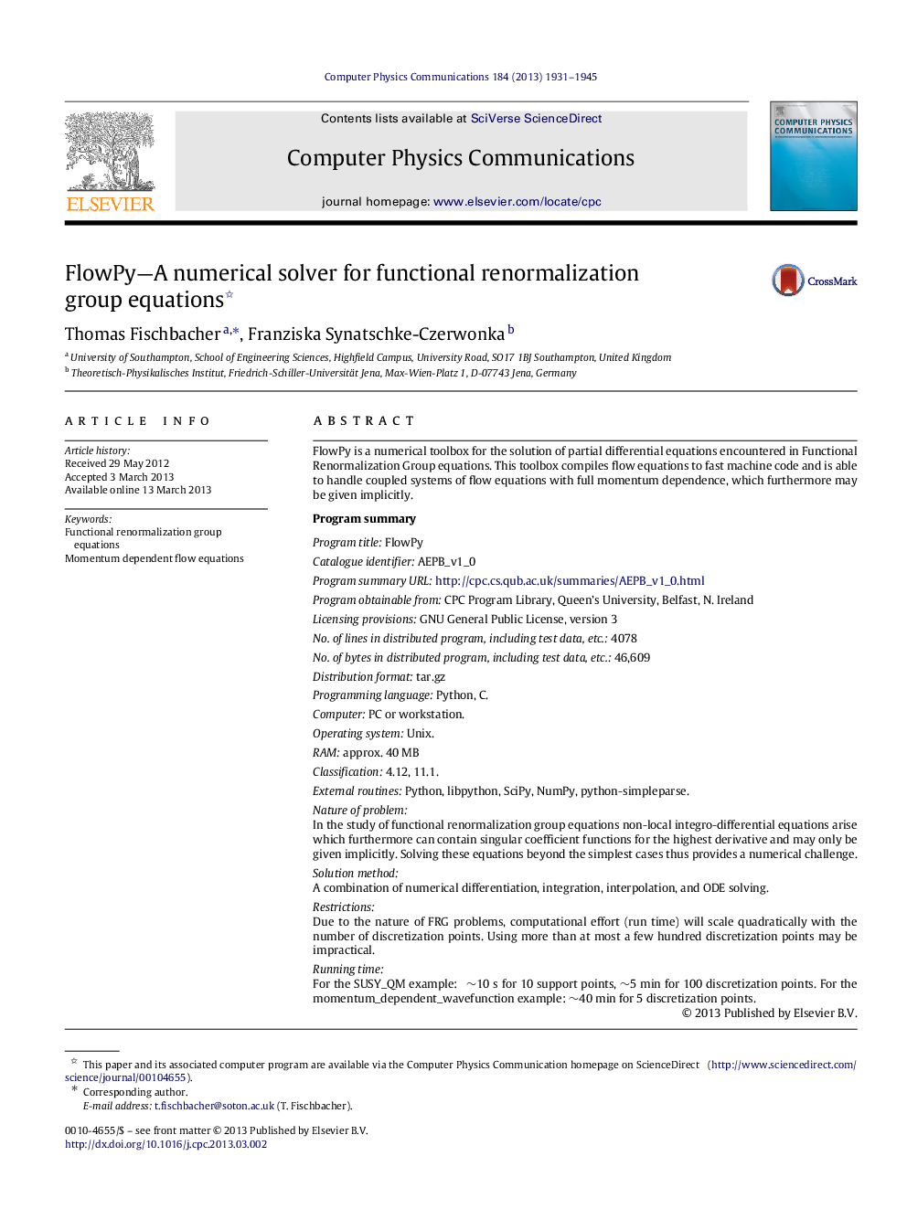 عکس صفحه اول مقاله: FlowPy—A numerical solver for functional renormalization group equations FlowPy—A numerical solver for functional renormalization group equations