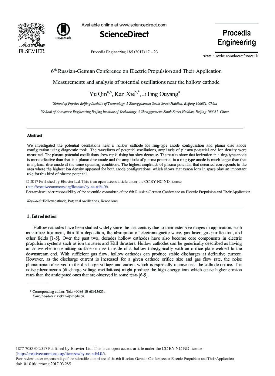 Measurements and Analysis of Potential Oscillations Near the Hollow Cathode