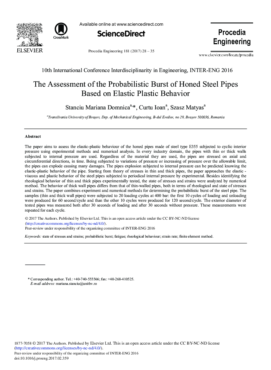 The Assessment of the Probabilistic Burst of Honed Steel Pipes Based on Elastic Plastic Behavior