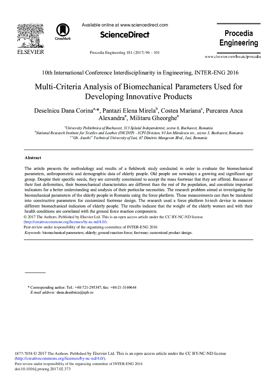 Multi-Criteria Analysis of Biomechanical Parameters Used for Developing Innovative Products