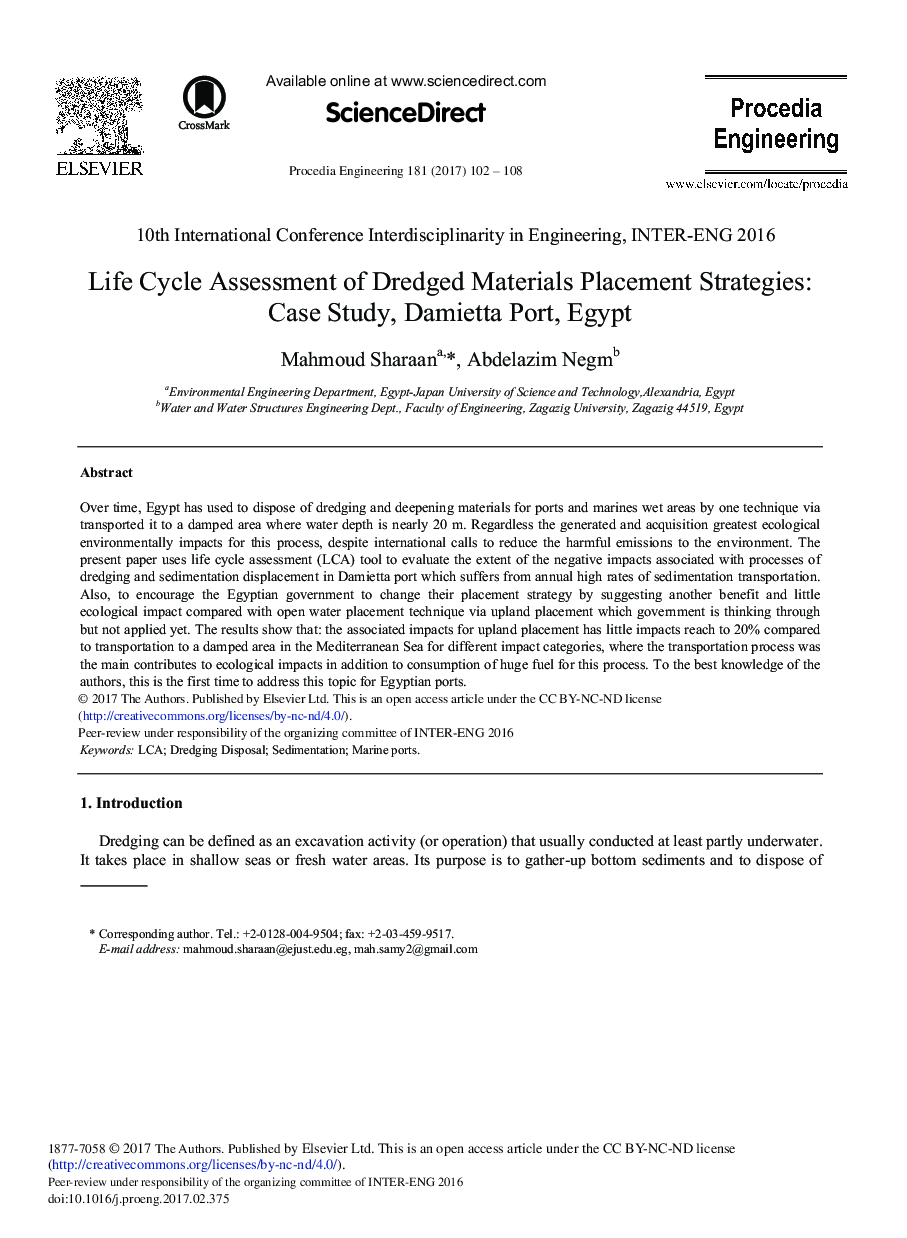 Life Cycle Assessment of Dredged Materials Placement Strategies: Case Study, Damietta Port, Egypt